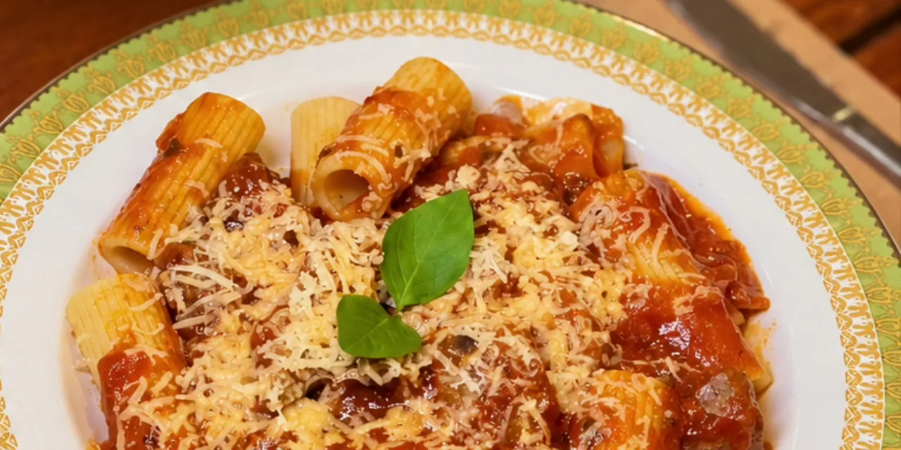 Rigatoni ao molho de tomate com queijo e manjericão