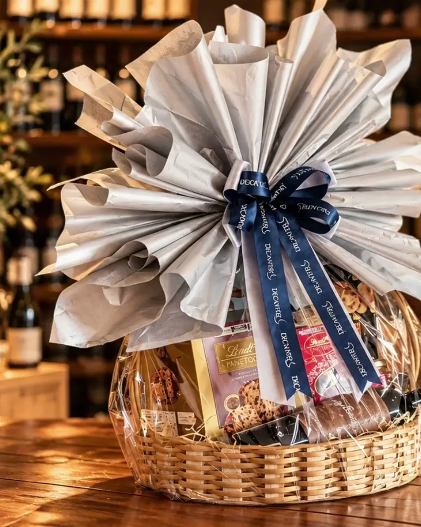 Cesta de presente da Decanter com vinho, chocolates e laço azul