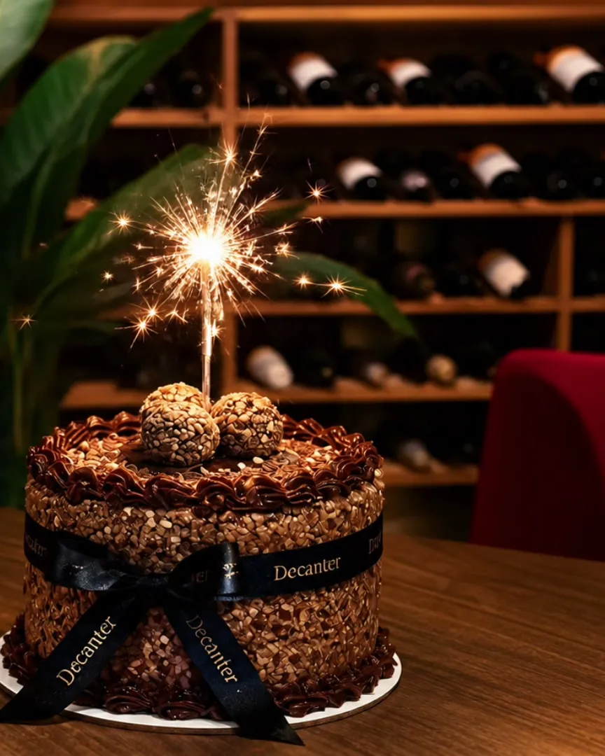 Bolo de aniversário com vela faísca em frente à adega